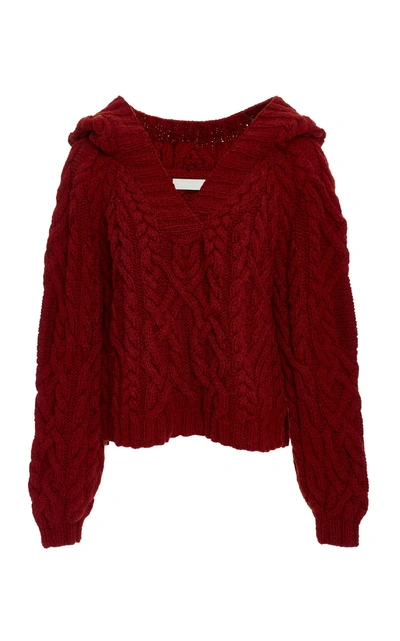 Partow Elia Cable Hand Knit Hoodie In Red