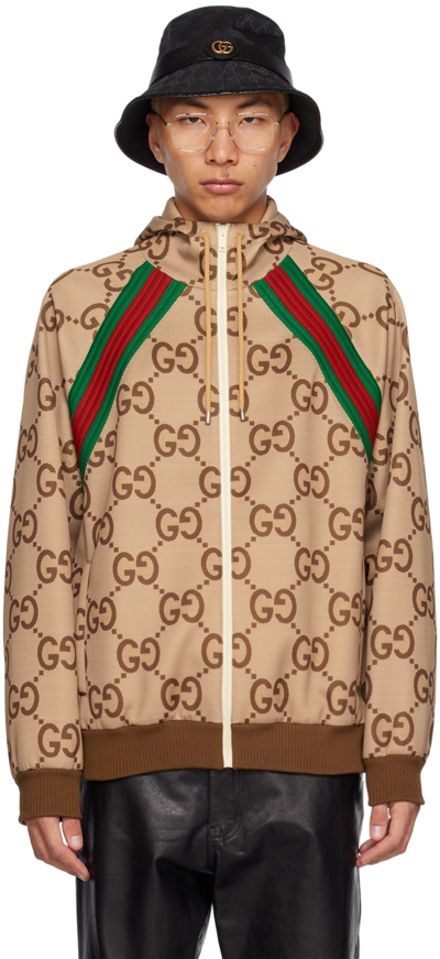 Gucci Neutral Gg Monogram Zip Hooded Jacket In Beige