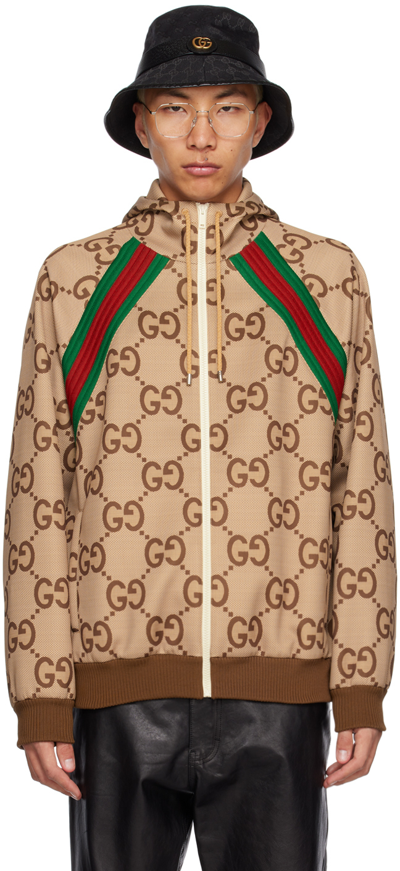 Gucci Neutral Gg Monogram Zip Hooded Jacket In Cream