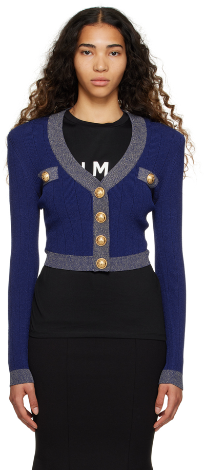 Balmain Cardigan Gold Edge Buttoned Knit Cropped In Blue