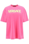 Versace Cotton T-shirt With Colored Logo Print In Pink