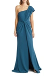 Tadashi Shoji Knotted One-shoulder Evening Gown In Atlantic Blue