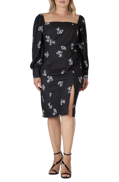 S And P Floral Ruched Long Sleeve Dress In Black White Sakura