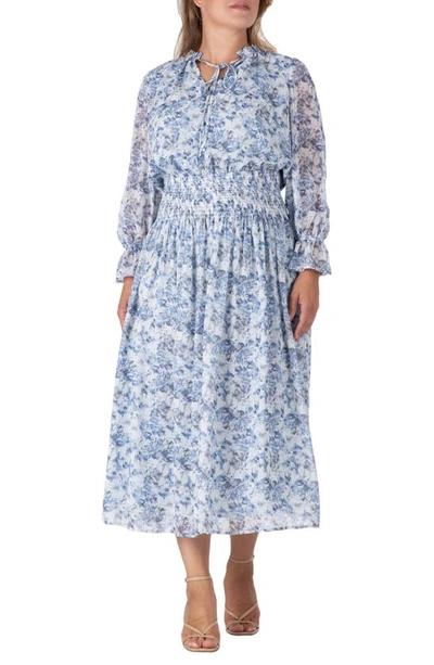 S And P Floral Long Sleeve Midi Dress In Blue White Print