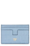 Tom Ford Croc Embossed Patent Leather Card Holder In Pale Blue
