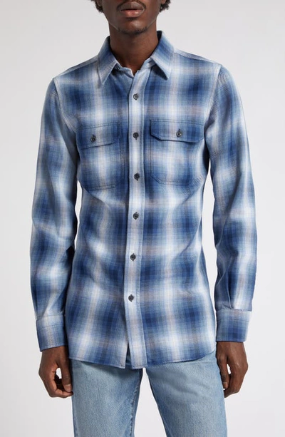Tom Ford Ombré Plaid Military Fit Cotton Shirt In Combo Blue