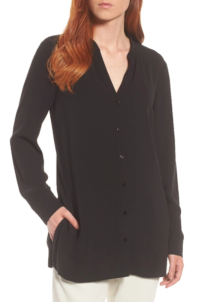 Eileen Fisher Silk Georgette Crepe Button-front Top In Black