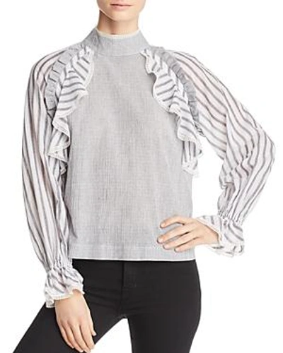 Marled Striped-sleeve Top In Gray/white
