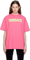 Versace Distressed T-shirt With Neon Logo In Pink