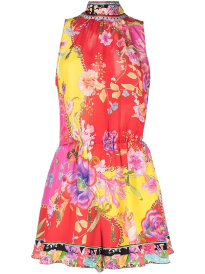 Camilla Floral-print Tie-neck Playsuit In The Beetles