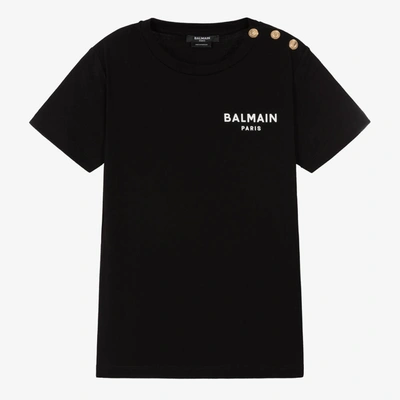 Balmain Kids' Black T-shirt For Boy With White Logo And Iconic Buttons In Nero/oro