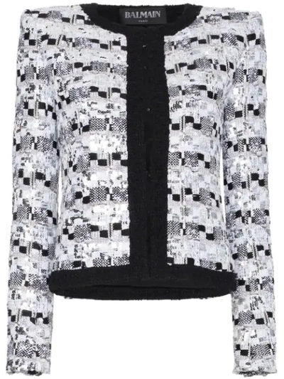 Balmain Sequin-embellished Metallic Tweed Jacket In White