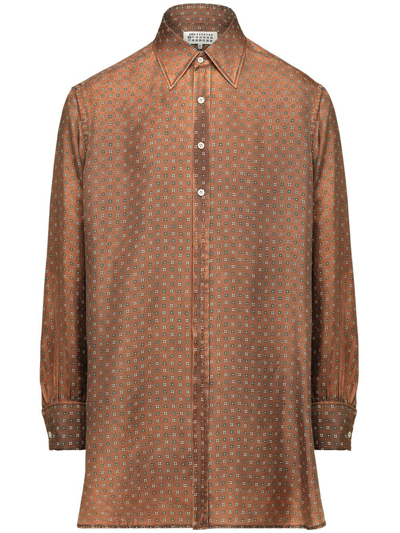 Maison Margiela Pois Print Silk Georgette Long Shirt In Brown