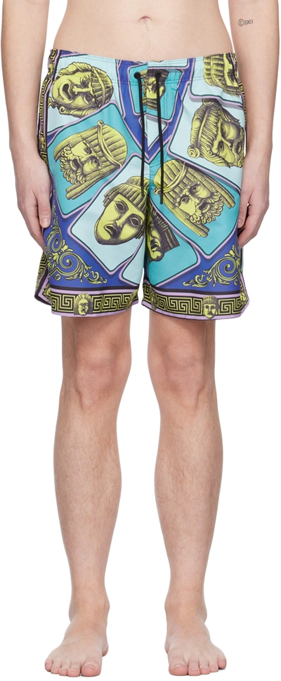 Versace Mask Print Silk Twill Shorts In Spotted