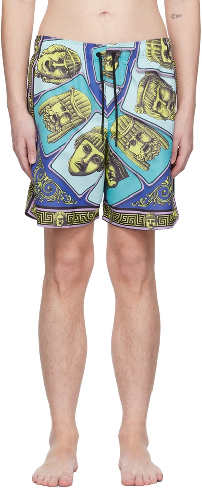 Versace Mask Print Silk Twill Shorts In Multi-colored