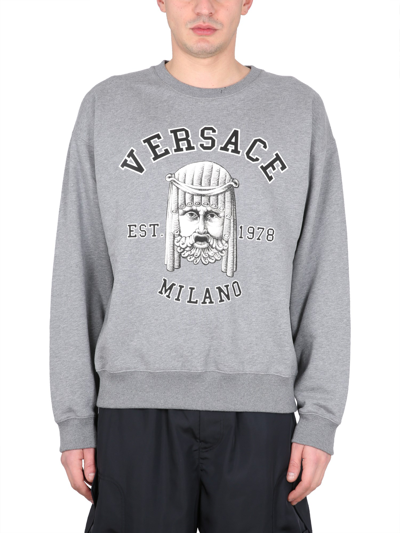 Versace Mask Print Cotton Crewneck Sweatshirt In Grey