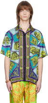 Versace Masks Print Short Sleeve Silk Camp Shirt In Multicolore