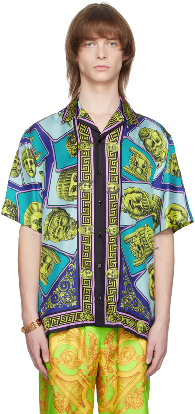 Versace Masks Print Short Sleeve Silk Camp Shirt In Acid Green & Blue