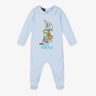 Versace Babies' Printed Cotton Jersey Romper In Light Blue