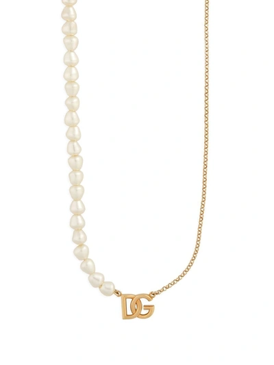 Dolce & Gabbana Dg Imitation Pearl Long Necklace In Gold