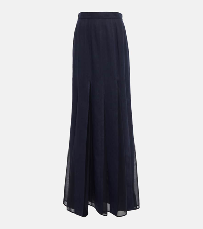 Max Mara Nicia Pleated Georgette-trimmed Linen And Cotton-blend Twill Maxi Skirt In Blue