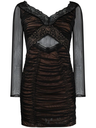 Self-portrait Mesh Long Sleeve Mini Dress In Nero