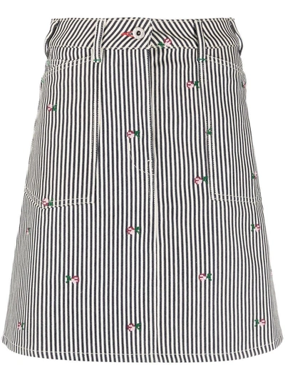 Kenzo Floral-embroidered Stripe-print Skirt In Rinse Blue Denim