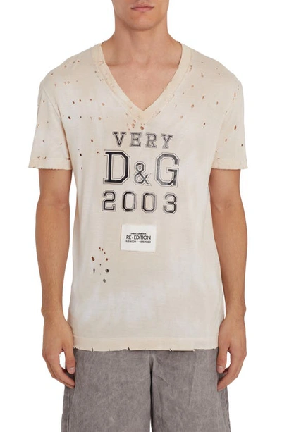 Dolce & Gabbana Destroyed Cotton V Neck T-shirt In Beige