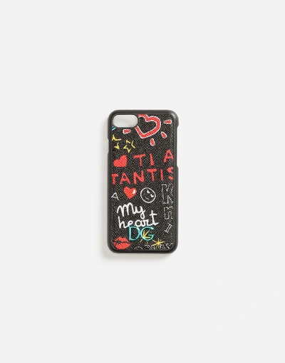 Dolce & Gabbana Iphone 7 Cover In Printed Dauphine Calfskin Detail In Black