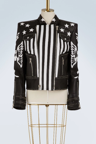 Balmain American Flag Biker Leather Jacket In Noir/blanc C5101