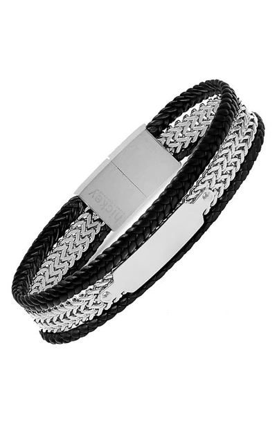 Hmy Jewelry Stainless Steel & Leather Bracelet In Steel/ Black