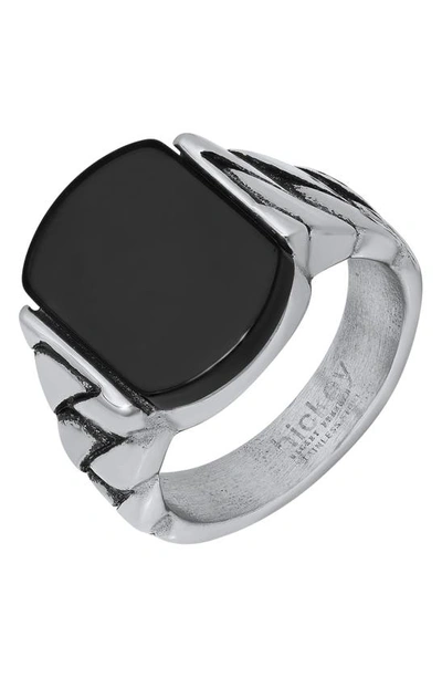 Hmy Jewelry Stainless Steel Black Agate Ring In Steel/ Black