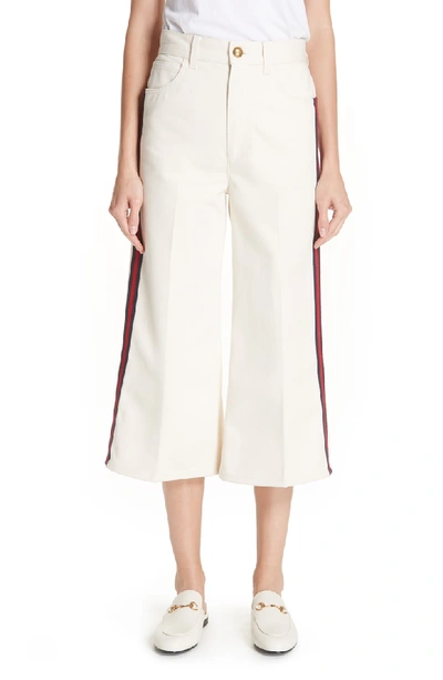 Gucci High-rise Wide-leg Washed Cotton Drill Cropped Denim Pants W/ Web Trim In Ivory/ Blue/ Red