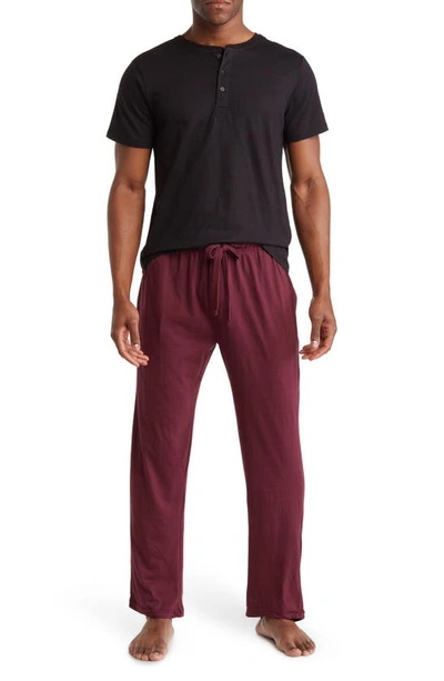 Sleephero Short Sleeve Henley & Pants Pajama Set In Maroon W/ Black