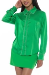 Alexia Admor Rachel Rhinestone Trim Satin Button-up Blouse In Bright Green