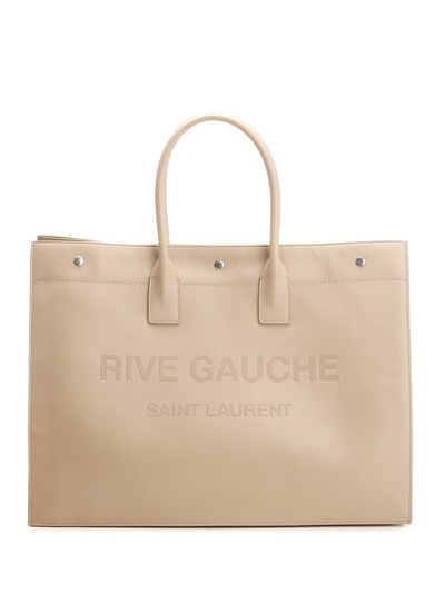 Saint Laurent Large Rive Gauche Leather Tote In Sea Salt