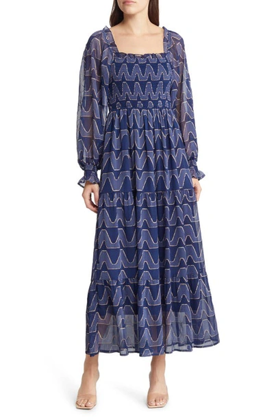 Moon River Smocked Long Sleeve Tiered Maxi Dress In Navy