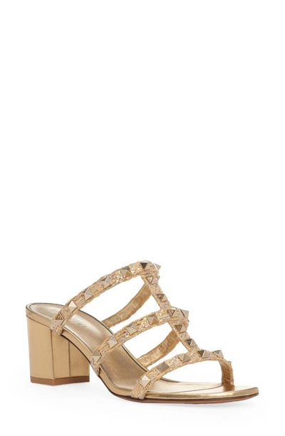 Valentino Garavani Rockstud Caged Metallic Slide Sandals In Gold