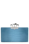 Alexander Mcqueen Jewelled Four-ring Flat Pouch Ombré Croc Embossed Leather Clutch In Ciel