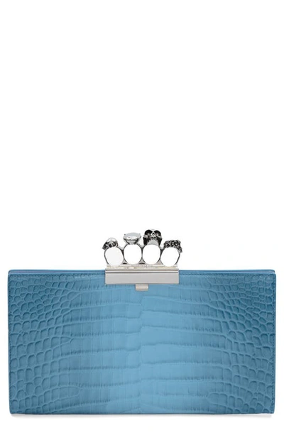 Alexander Mcqueen Jewelled Four-ring Flat Pouch Ombré Croc Embossed Leather Clutch In Ciel