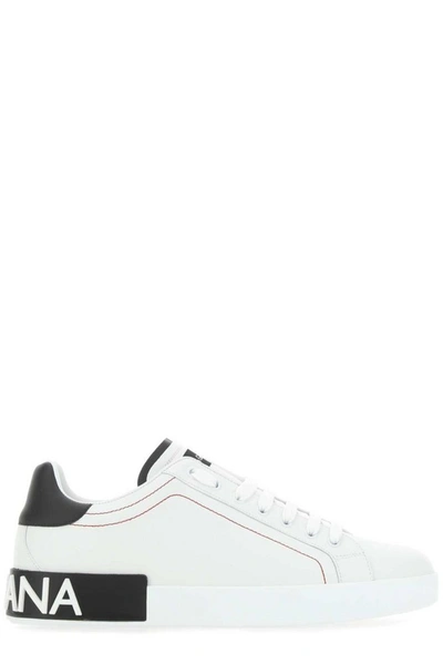 Dolce & Gabbana Man's Portofino White And Black Leather Sneakers With Logo