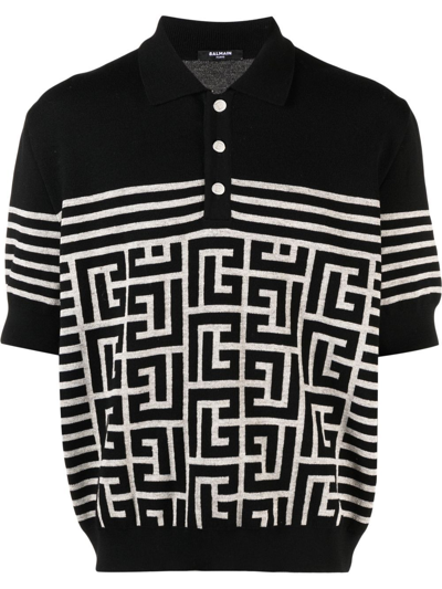 Balmain Monogram And Stripes Knit Polo Shirt In Black