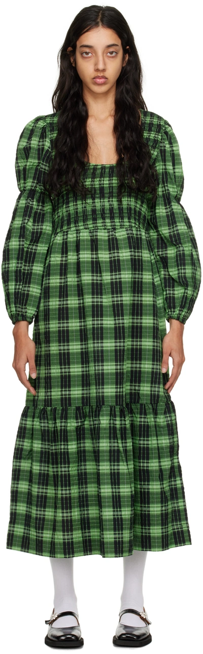 Ganni Check U-neck Long Sleeve Organic Cotton Blend Maxi Dress In Green