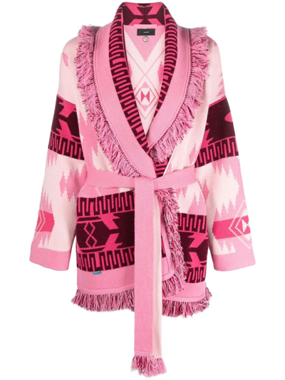 Alanui Icon Jacquard Belted Cardigan In Sweet Pink