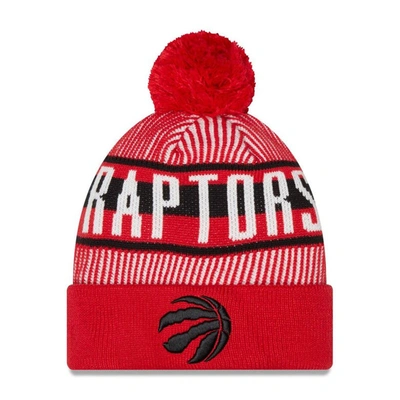 New Era Red Toronto Raptors Striped Cuffed Pom Knit Hat