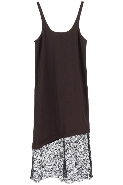 Ganni Satin Slip Dress With Lace Insert In Brown