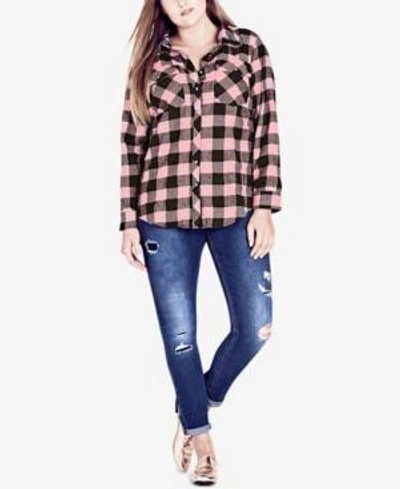 City Chic Trendy Plus Size Cotton Plaid Shirt In Blush Pink