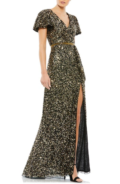Mac Duggal Sequin Butterfly Sleeve A-line Gown In Black Gold
