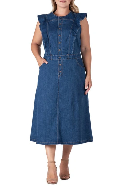 S And P Ruffle Sleeveless Denim Dress In Dark Blue