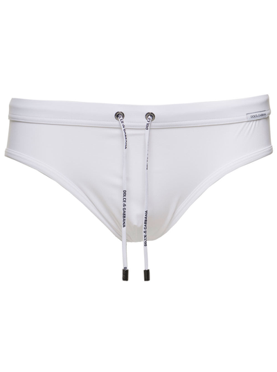 Dolce & Gabbana White Swim Brief Wirh Drawstring And Logo Label Man